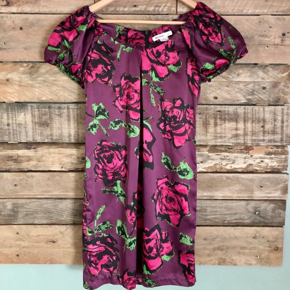 Kensie Dark Purple/Magenta Silky Floral Dress